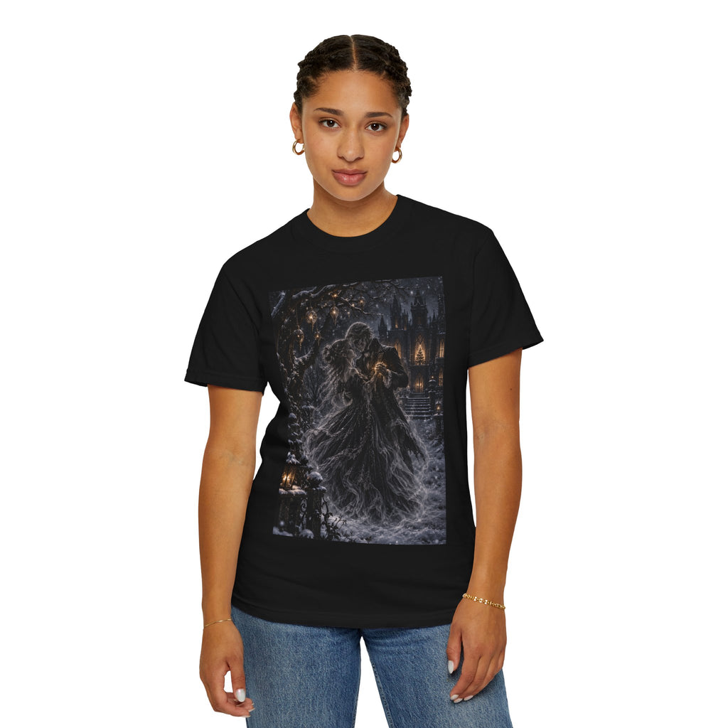 Gothic Winter Dance T-Shirt — Haunted Couple Embrace Midnight Snow