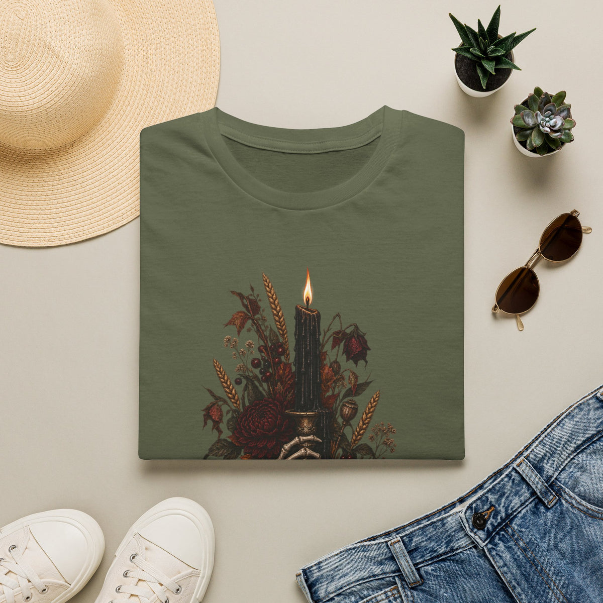 Gothic Candle T-Shirt — Hand Holding Burning Candle with Skull & Floral Design