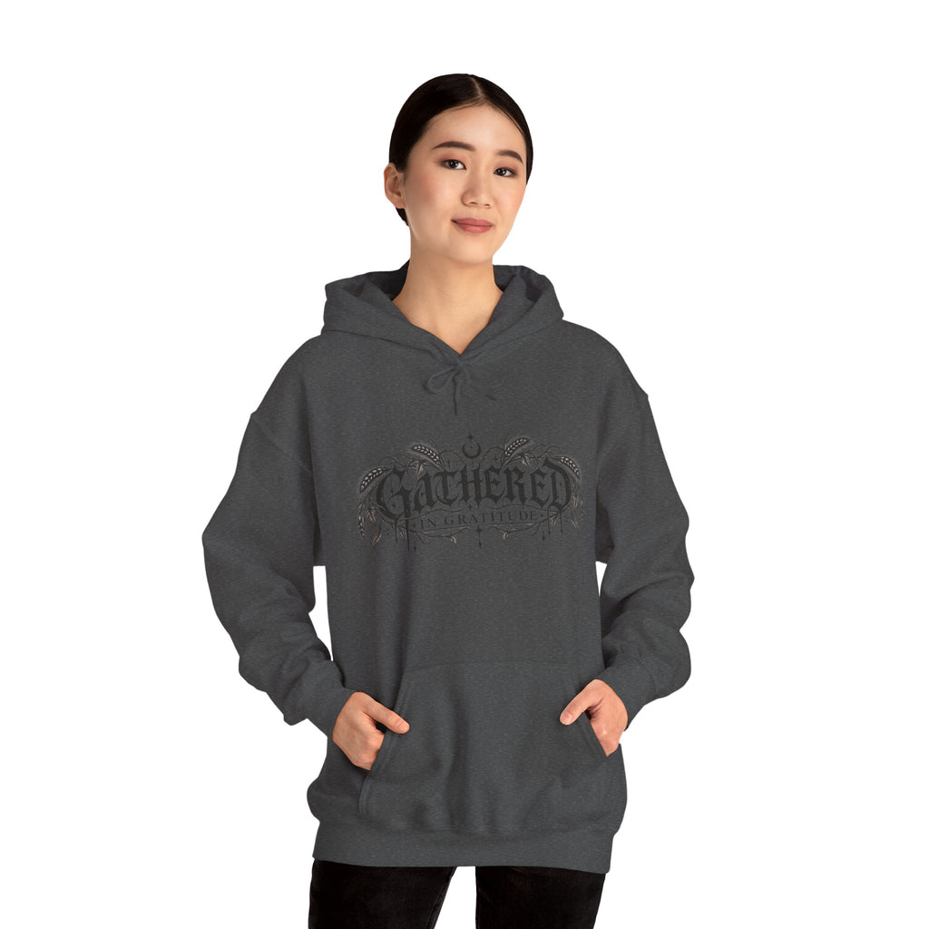 Gathered in Gratitude Hoodie — Gothic Winged Script Pullover