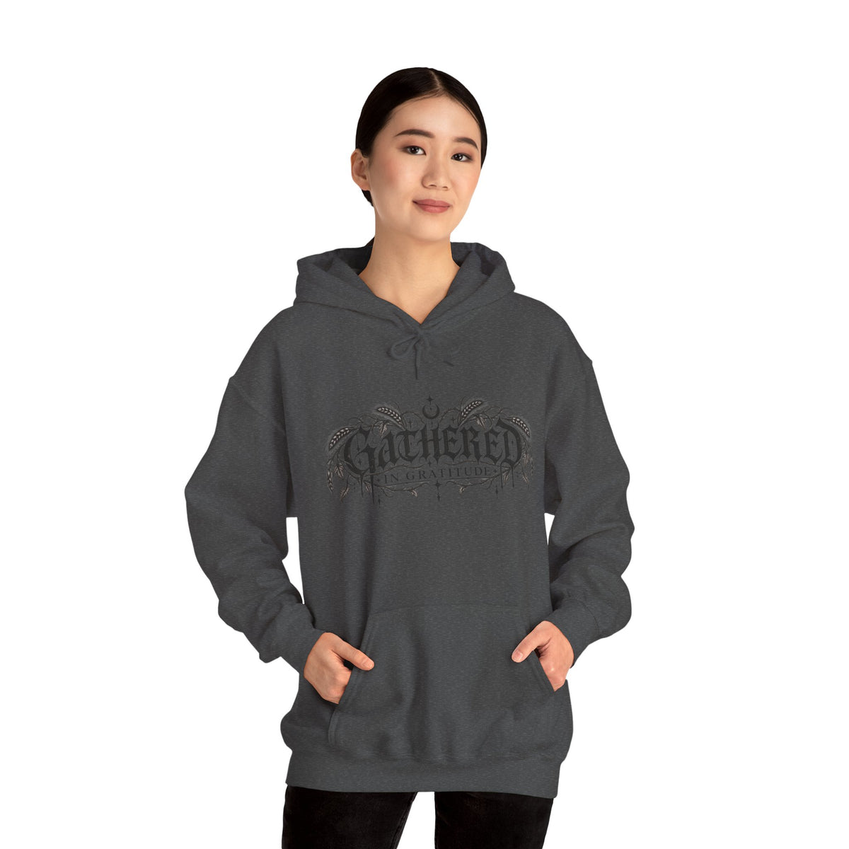 Gathered in Gratitude Hoodie — Gothic Winged Script Pullover