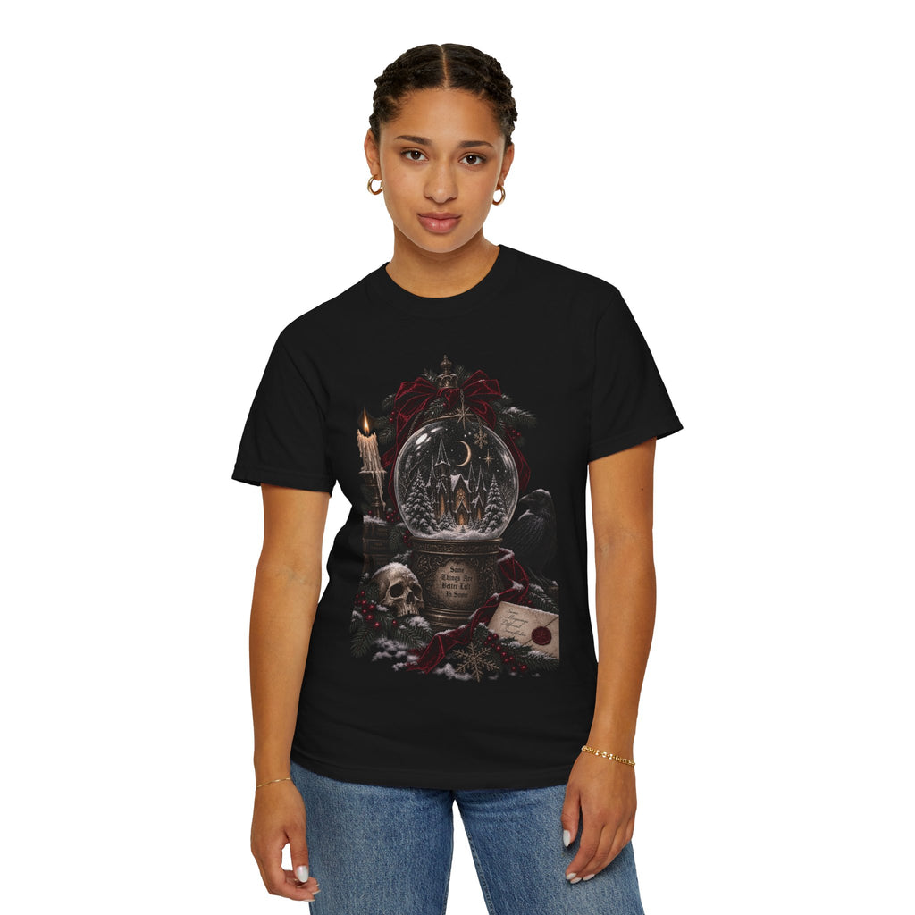 Gothic Snow Globe T-Shirt — Dark Holiday Skull & Raven Winter Scene