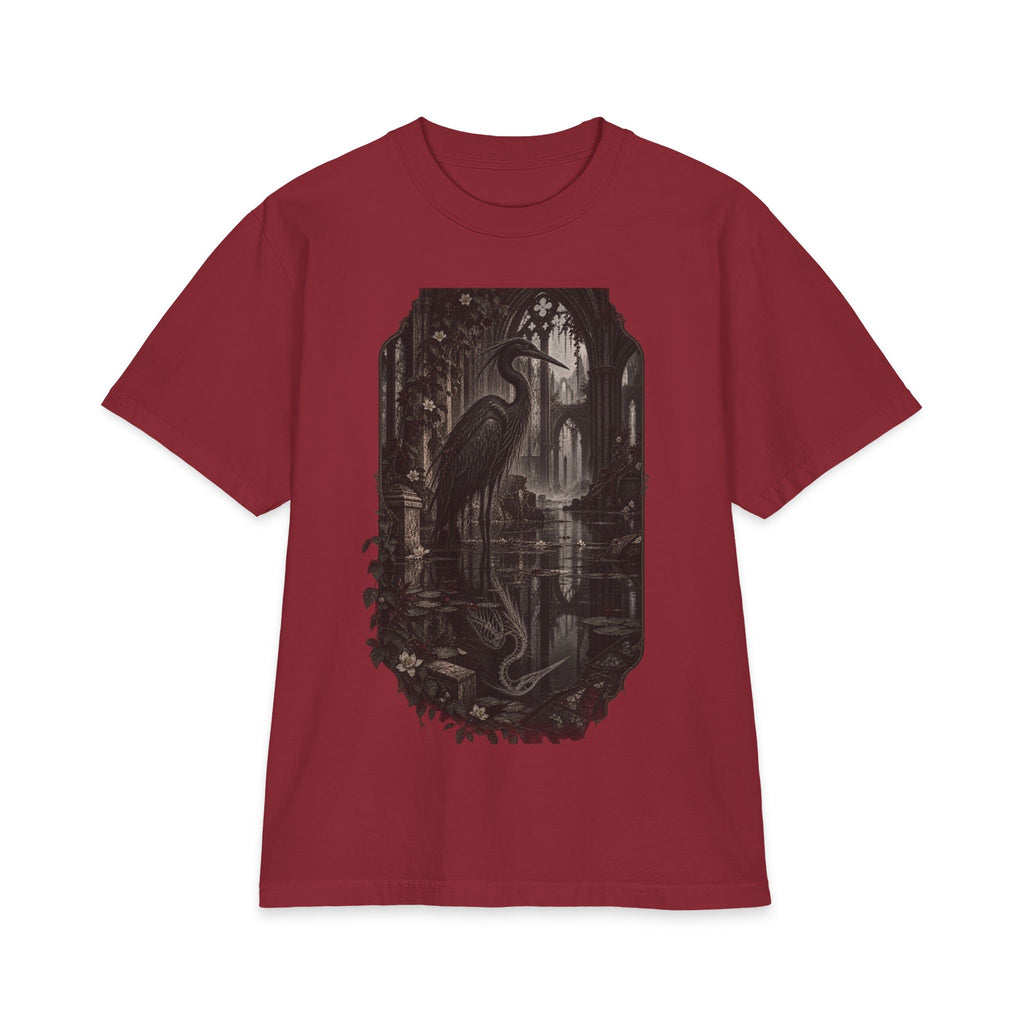 Heron & Ruins Graphic T‑Shirt — Gothic Nature Scene
