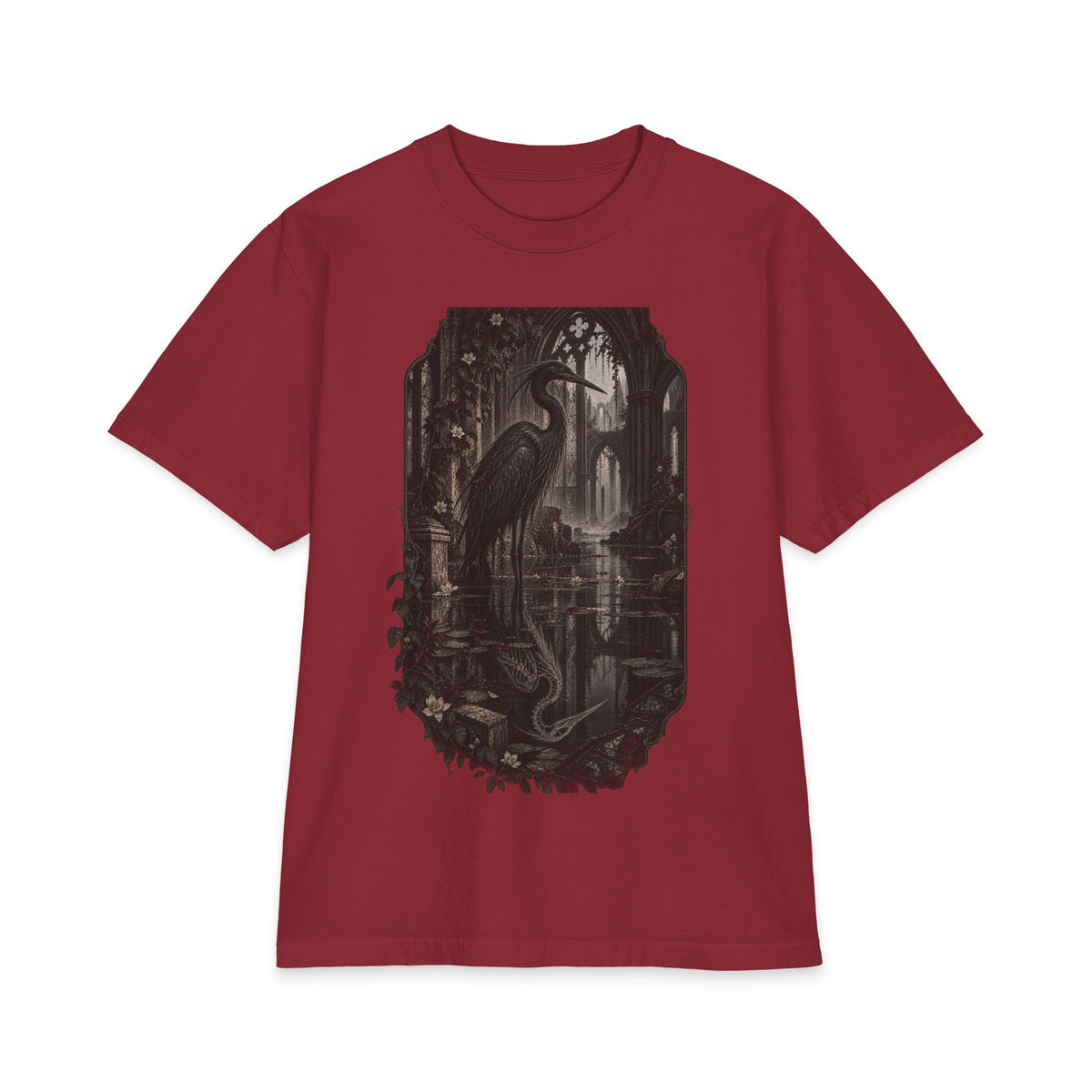 Heron & Ruins Graphic T‑Shirt — Gothic Nature Scene