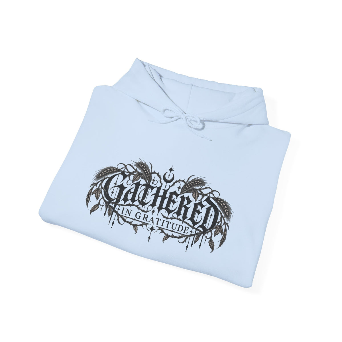 Gathered in Gratitude Hoodie — Gothic Winged Script Pullover