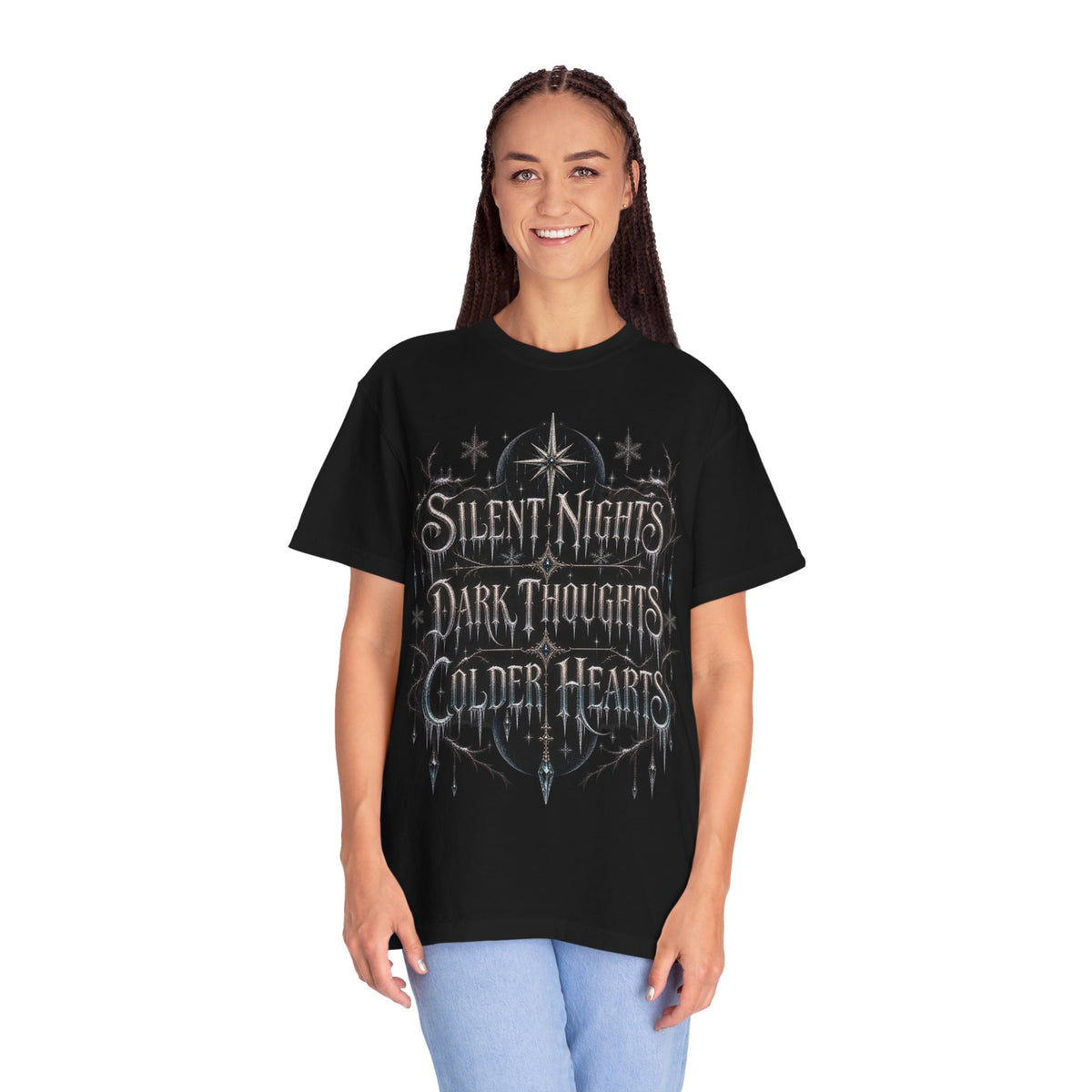 "Silent Nights, Dark Thoughts, Colder Hearts” T-Shirt — Gothic Holiday Graphic