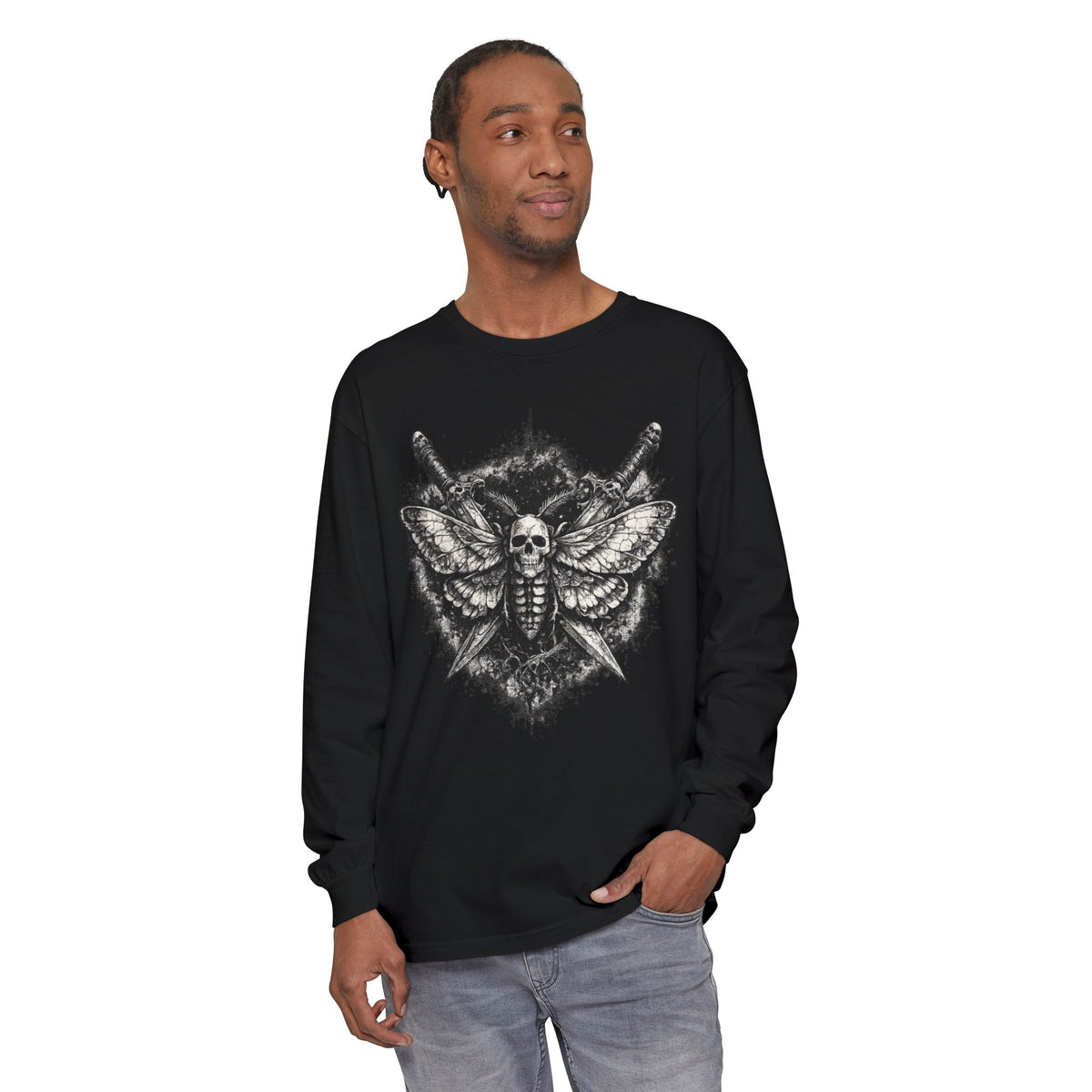 Skull Moth Long-Sleeve T-Shirt — Gothic Insect Illustration