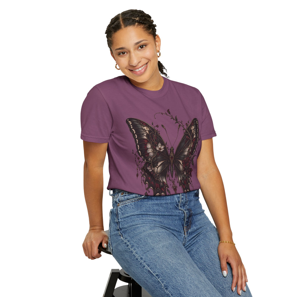 Gothic Dark Butterfly T‑Shirt — Vintage Floral Moth Graphic