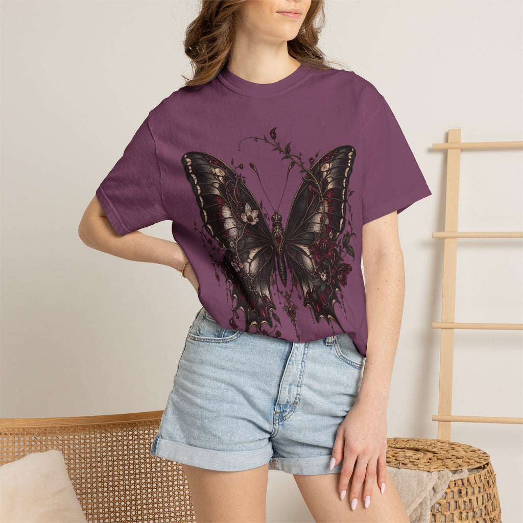 Gothic Dark Butterfly T‑Shirt — Vintage Floral Moth Graphic