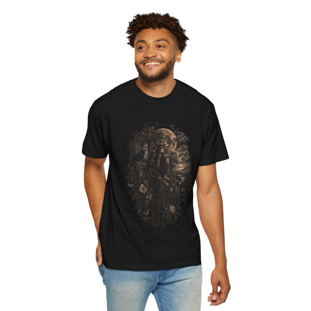 Moonlit Gothic Woman Tee — Raven & Dark Botanical Garden T-Shirt