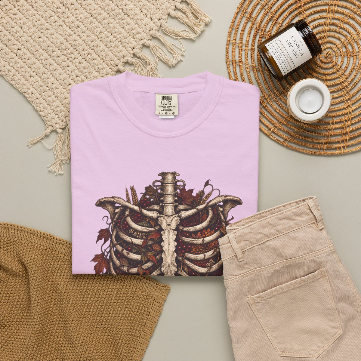 Anatomical Ribcage Tee with Autumn Leaves — Distressed Skeleton Chest Graphic T-Shirt