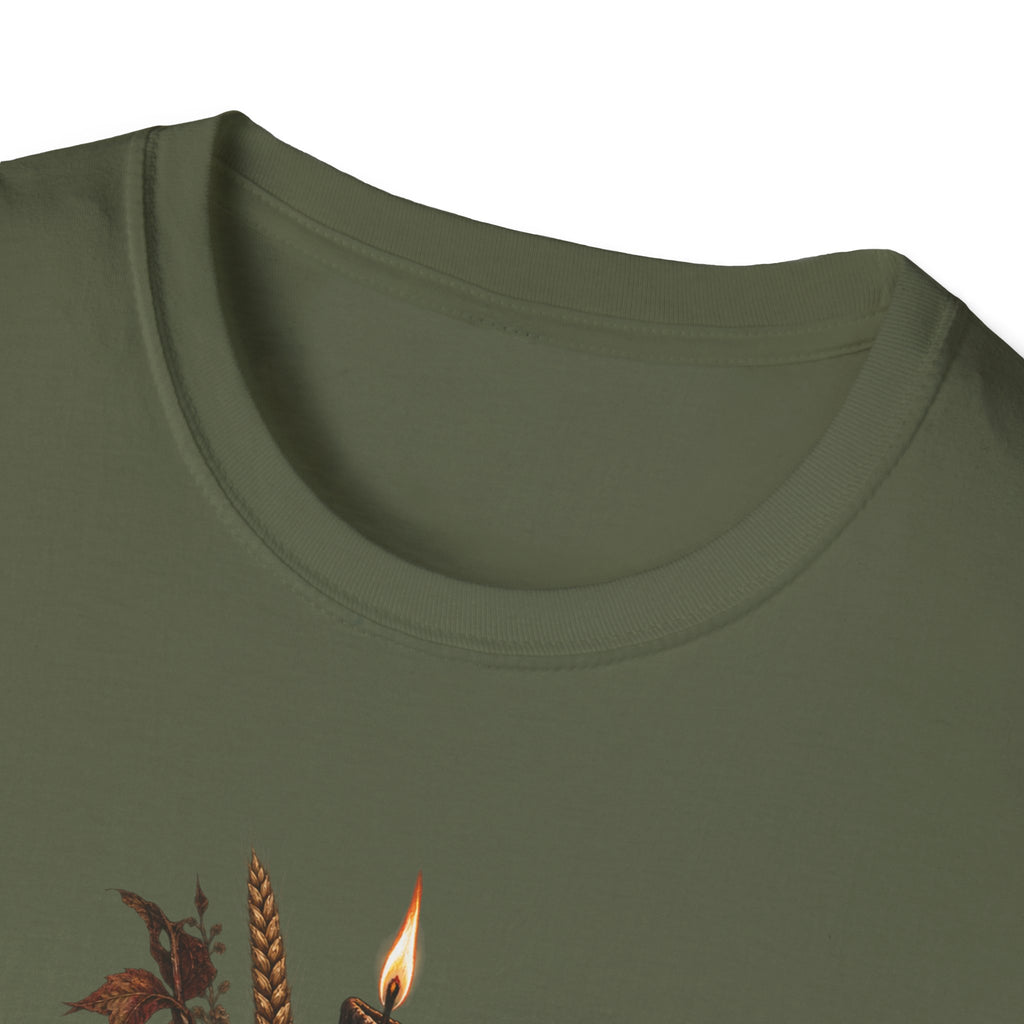 Gothic Candle T-Shirt — Hand Holding Burning Candle with Skull & Floral Design