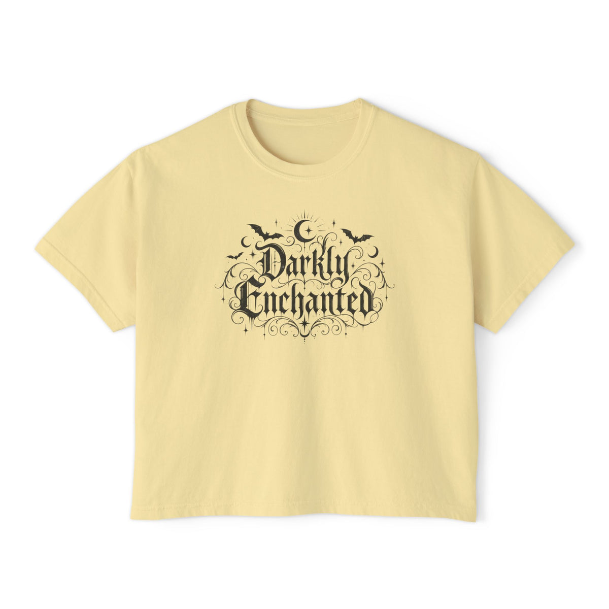 Darkly Enchanted Women's Boxy Tee — Gothic Moon & Bats Graphic