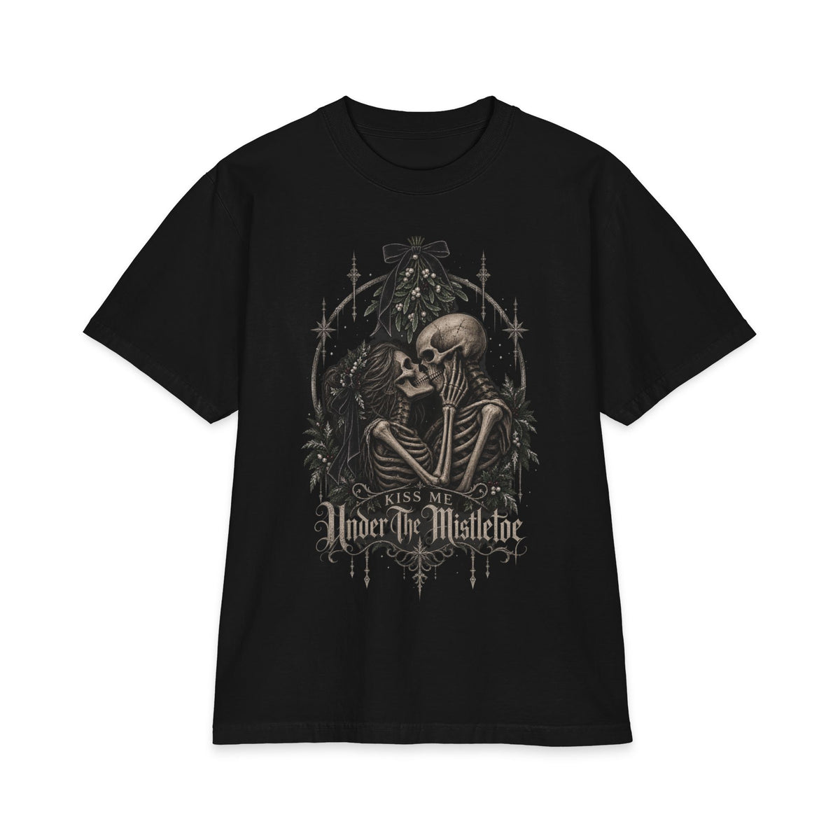 “Under the Mistletoe” T-Shirt — Gothic Skeleton Kiss