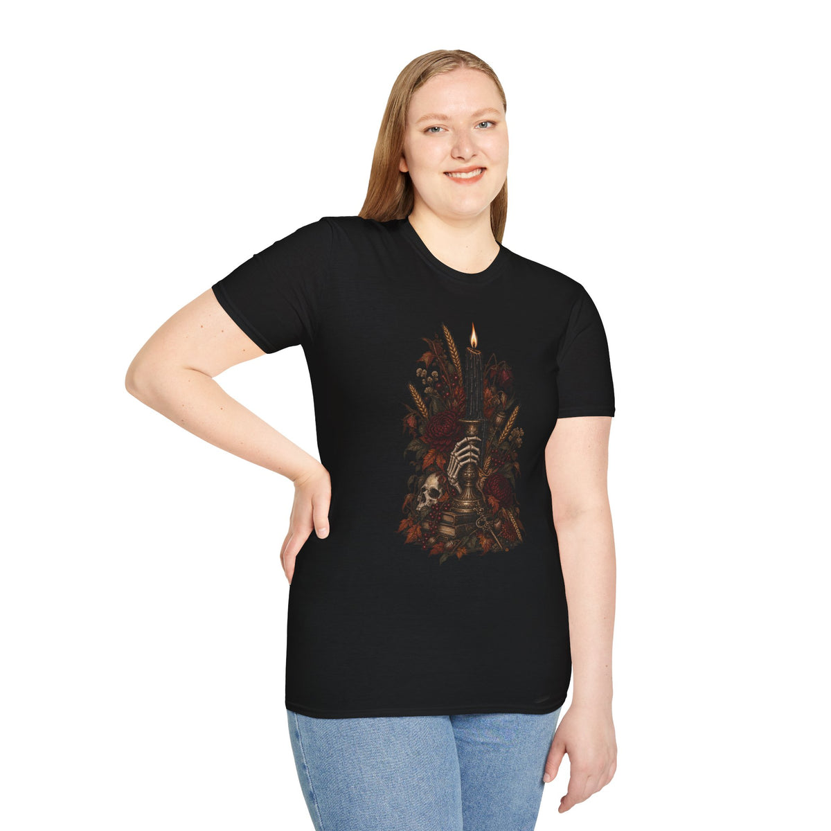 Gothic Candle T-Shirt — Hand Holding Burning Candle with Skull & Floral Design