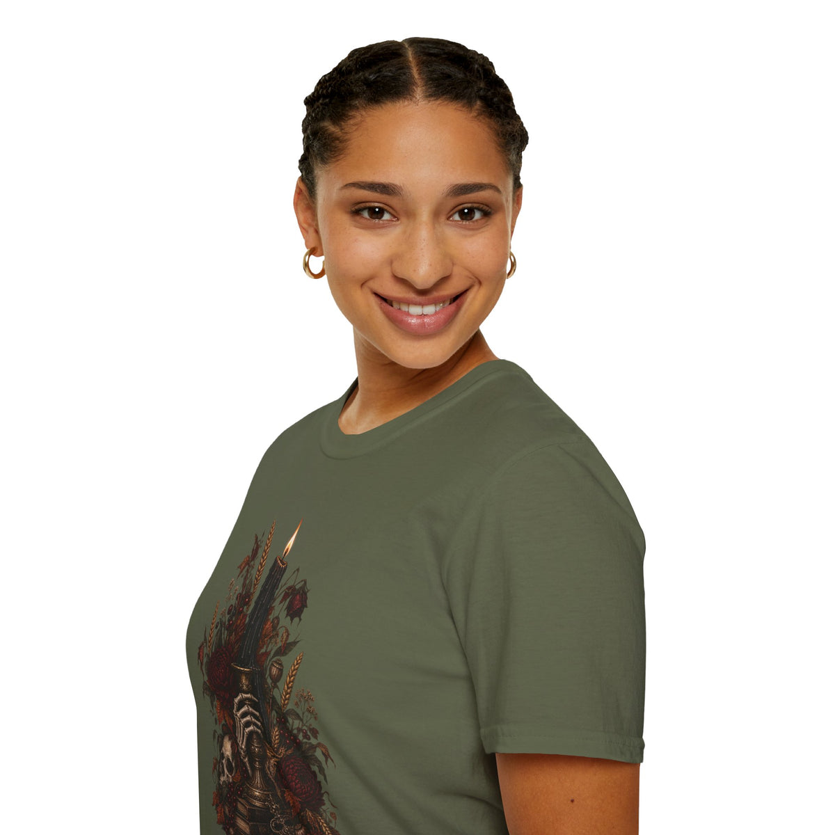 Gothic Candle T-Shirt — Hand Holding Burning Candle with Skull & Floral Design