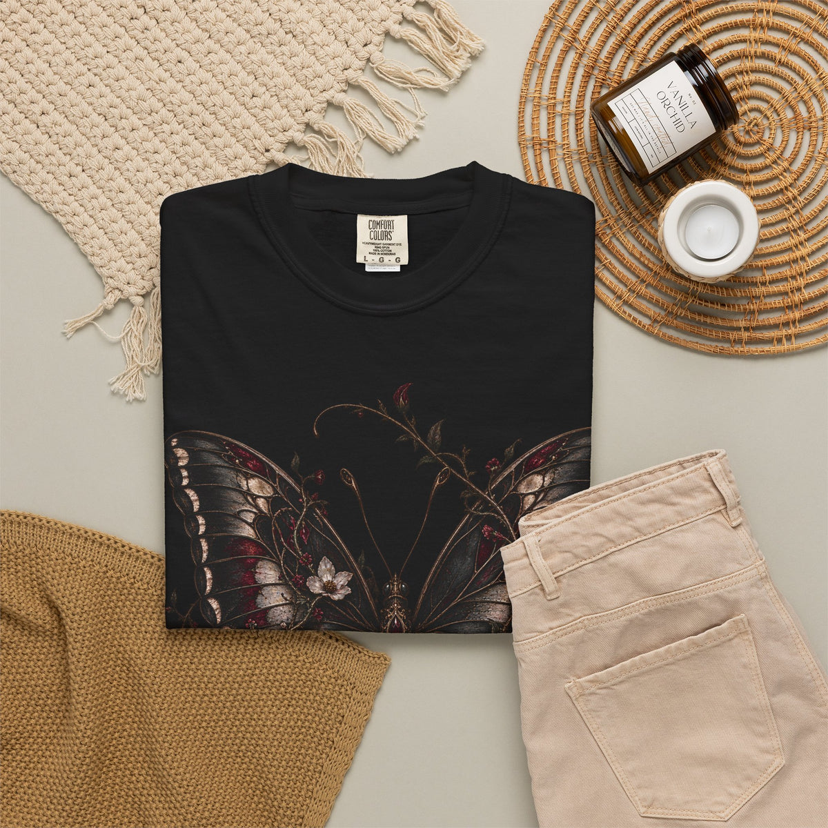 Gothic Dark Butterfly T‑Shirt — Vintage Floral Moth Graphic