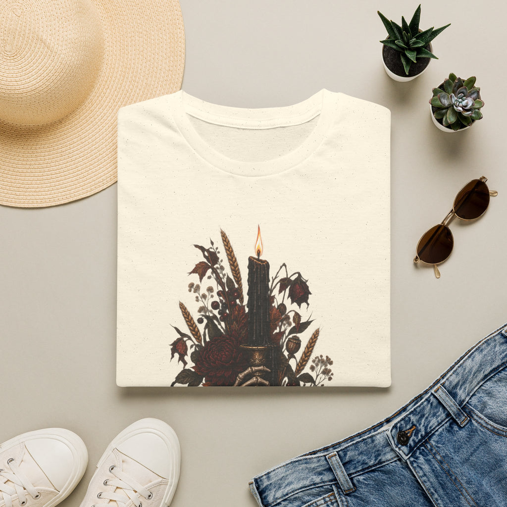 Gothic Candle T-Shirt — Hand Holding Burning Candle with Skull & Floral Design