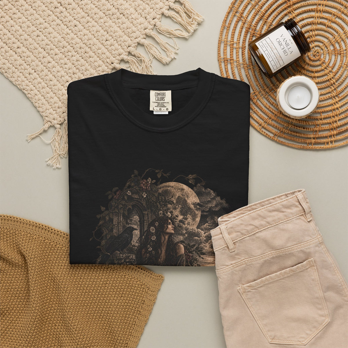 Moonlit Gothic Woman Tee — Raven & Dark Botanical Garden T-Shirt