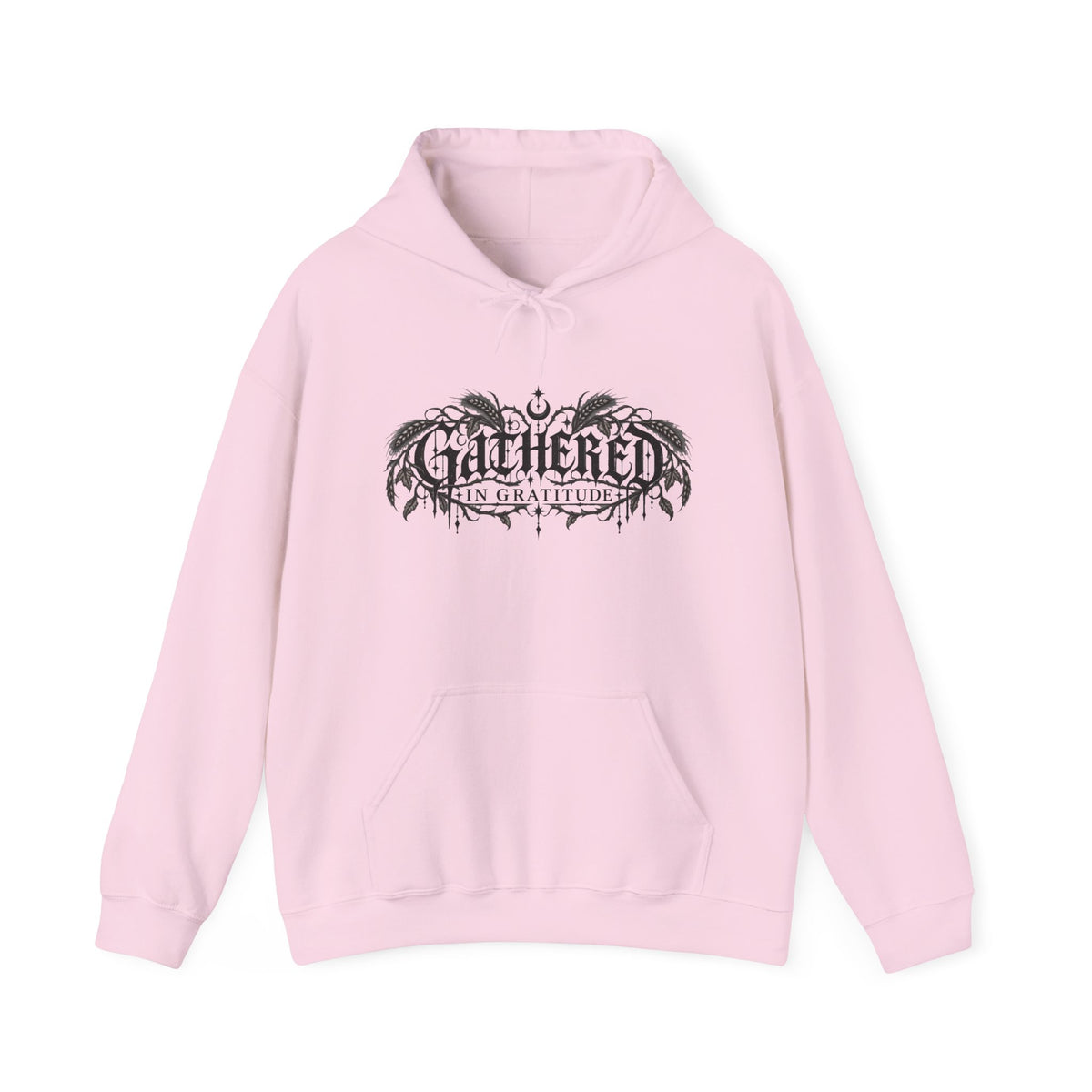 Gathered in Gratitude Hoodie — Gothic Winged Script Pullover