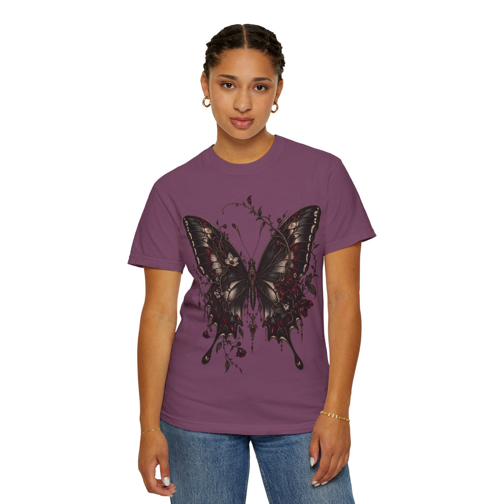 Gothic Dark Butterfly T‑Shirt — Vintage Floral Moth Graphic