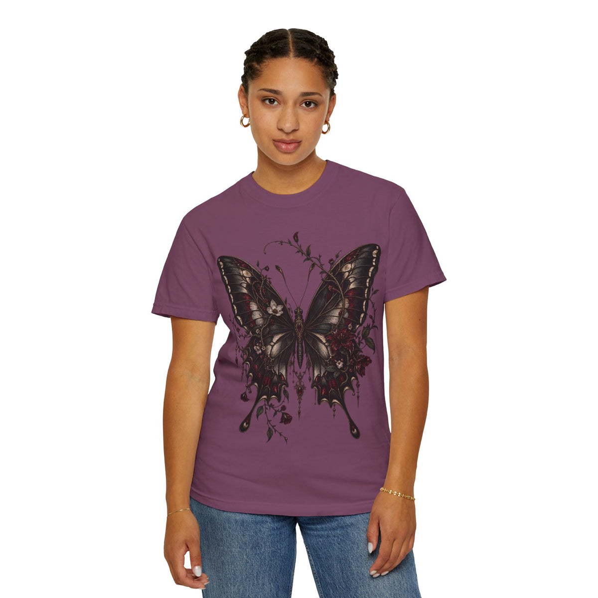 Gothic Dark Butterfly T‑Shirt — Vintage Floral Moth Graphic