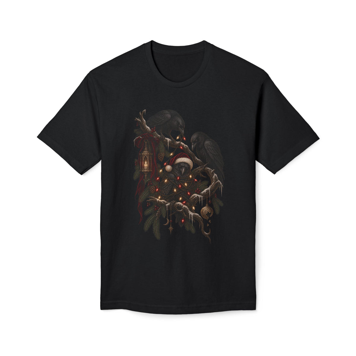 Christmas Crow T-Shirt — Festive Raven with Ornaments & Lights