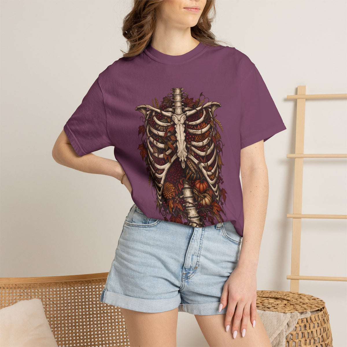 Anatomical Ribcage Tee with Autumn Leaves — Distressed Skeleton Chest Graphic T-Shirt