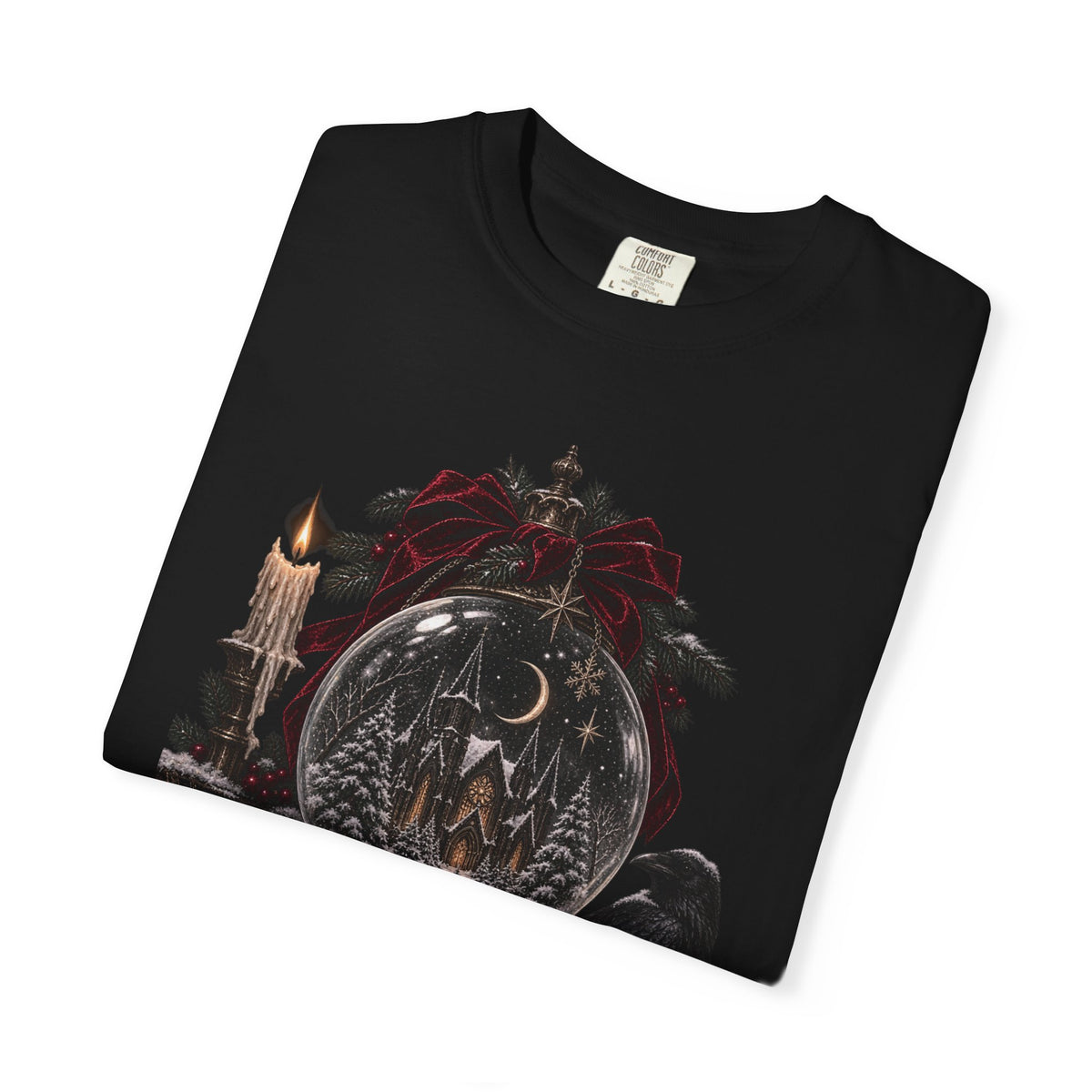 Gothic Snow Globe T-Shirt — Dark Holiday Skull & Raven Winter Scene