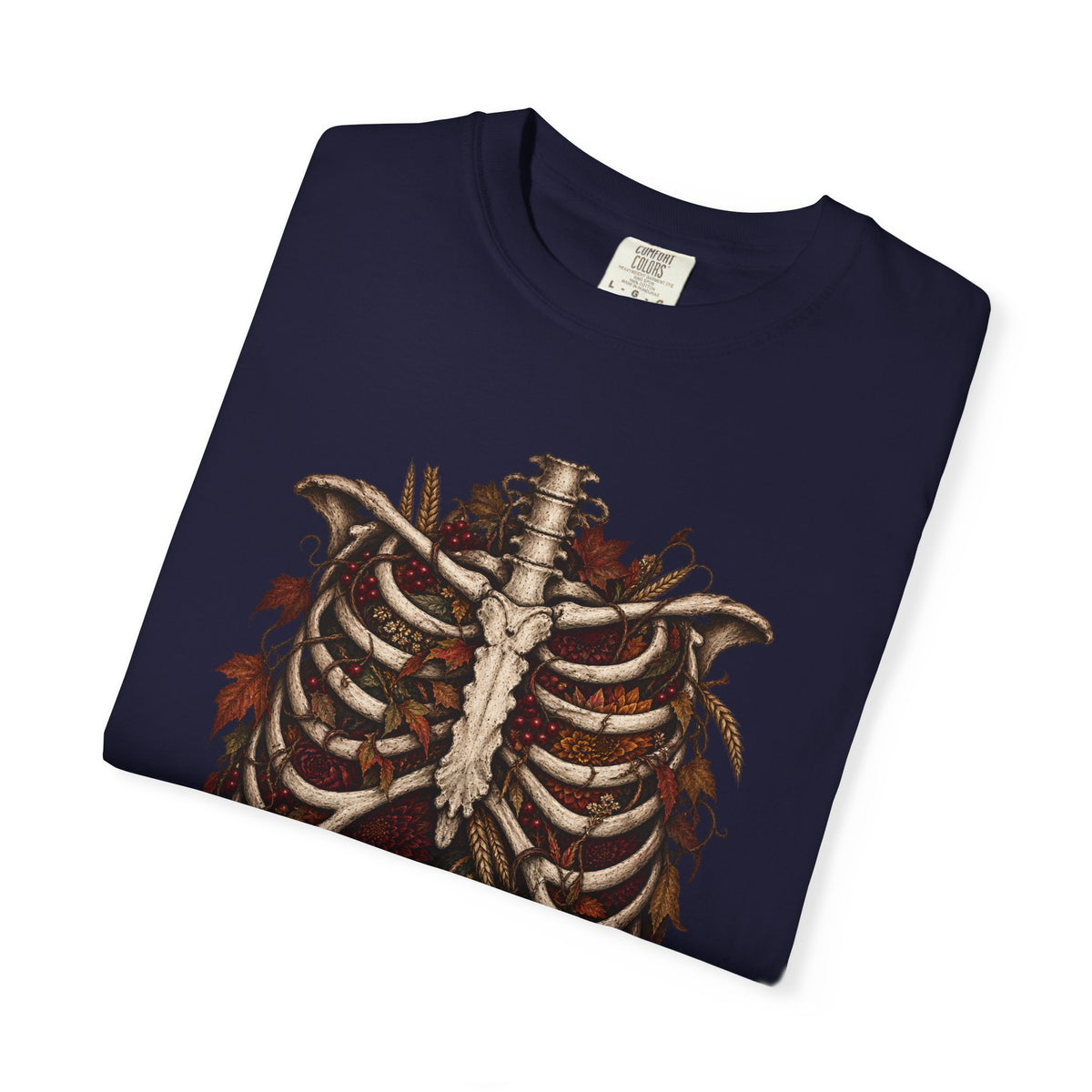 Anatomical Ribcage Tee with Autumn Leaves — Distressed Skeleton Chest Graphic T-Shirt