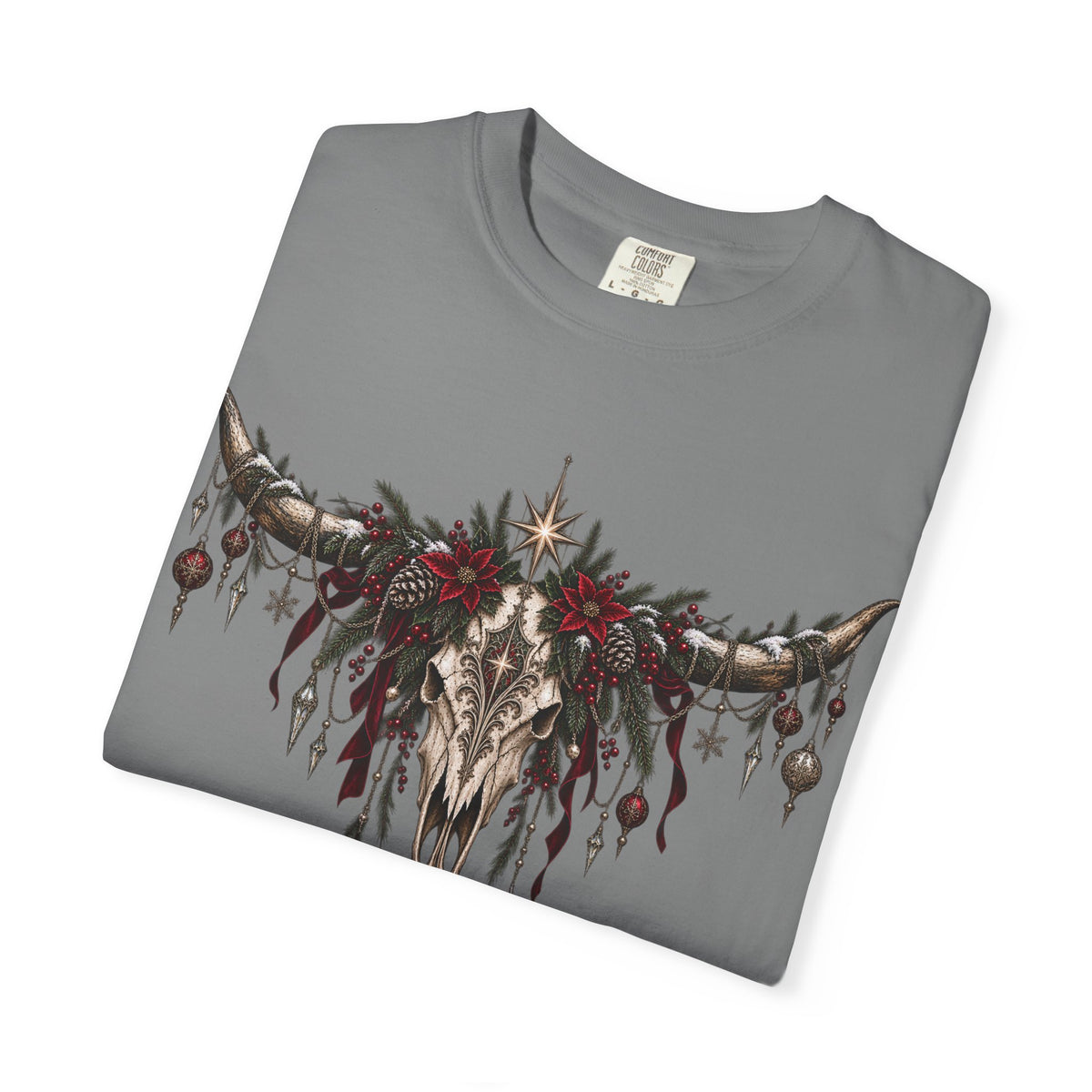 Western Skull Christmas T-Shirt — Boho Longhorn Design