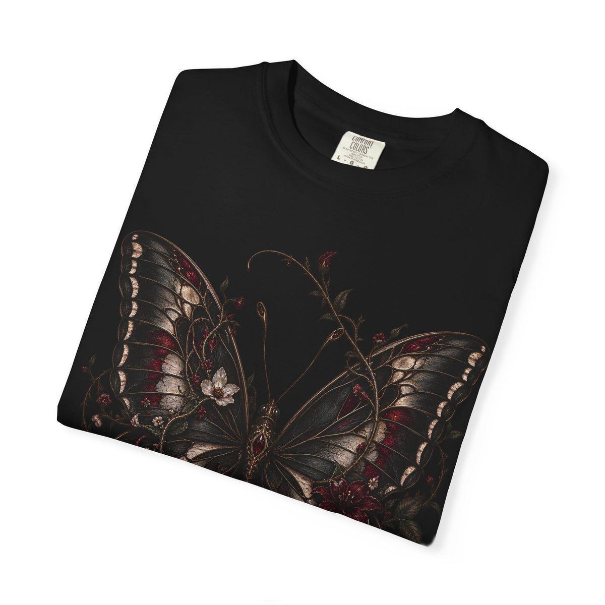Gothic Dark Butterfly T‑Shirt — Vintage Floral Moth Graphic