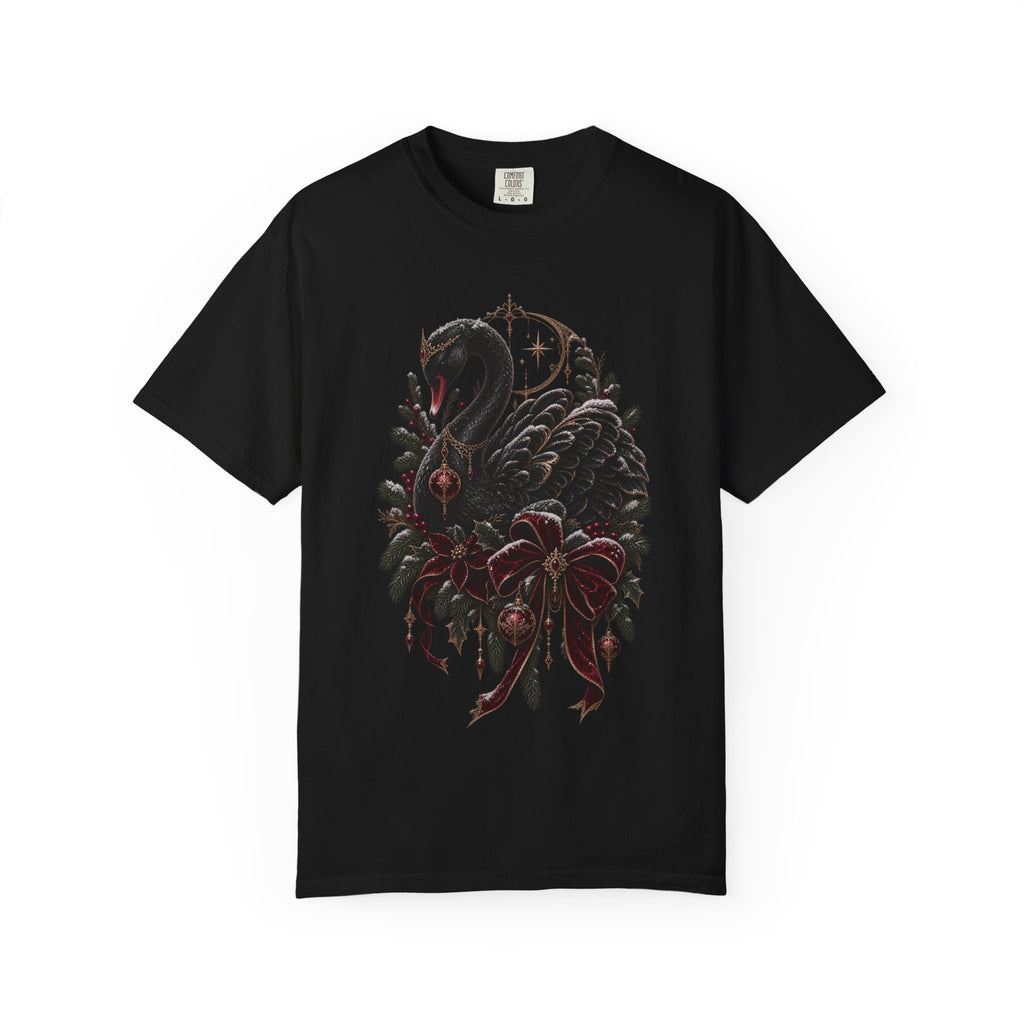 Black Swan Holiday T-Shirt — Gothic Swan with Red Bow & Ornaments