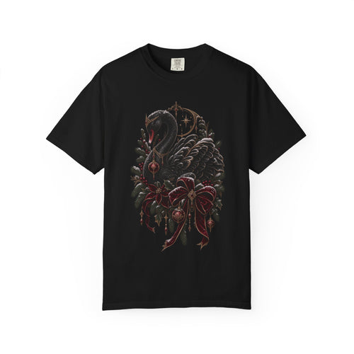 Black Swan Holiday T-Shirt — Gothic Swan with Red Bow & Ornaments