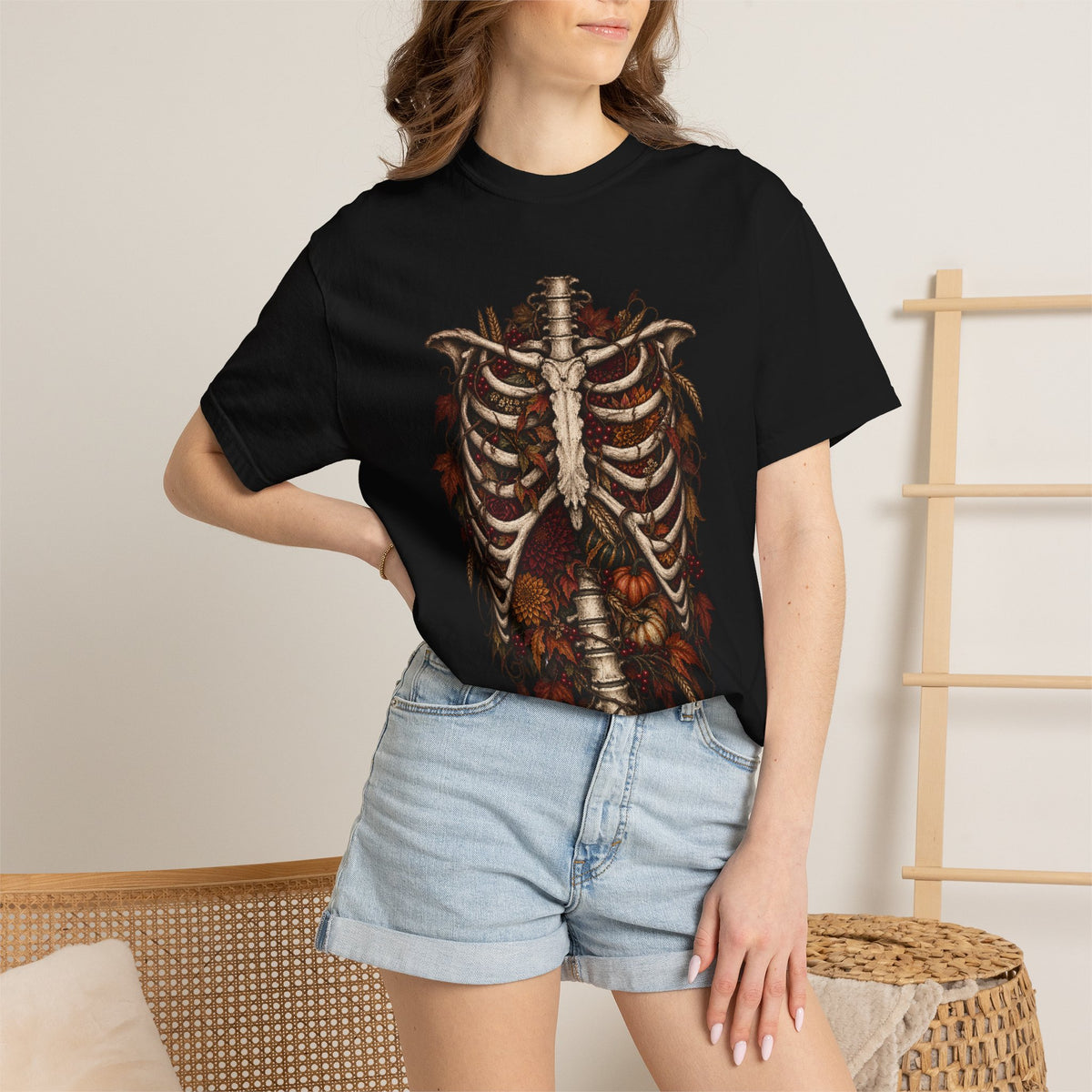Anatomical Ribcage Tee with Autumn Leaves — Distressed Skeleton Chest Graphic T-Shirt