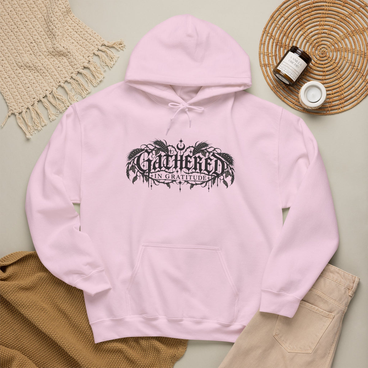 Gathered in Gratitude Hoodie — Gothic Winged Script Pullover