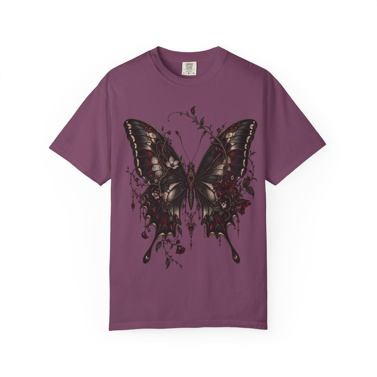 Gothic Dark Butterfly T‑Shirt — Vintage Floral Moth Graphic