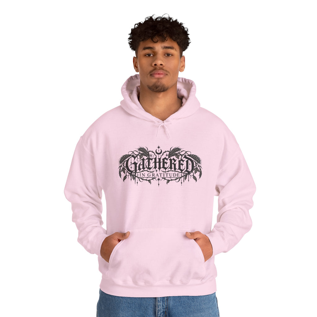 Gathered in Gratitude Hoodie — Gothic Winged Script Pullover