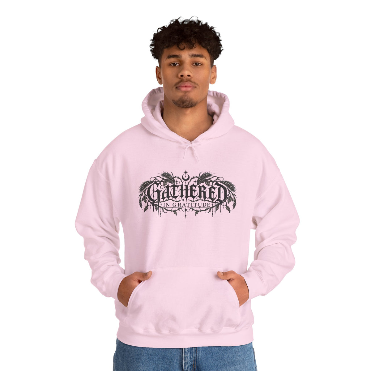 Gathered in Gratitude Hoodie — Gothic Winged Script Pullover