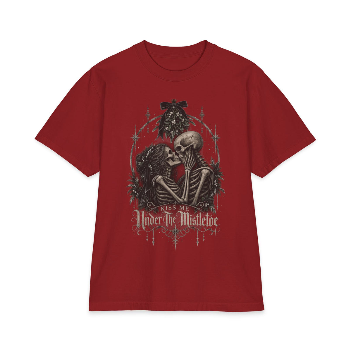 “Under the Mistletoe” T-Shirt — Gothic Skeleton Kiss