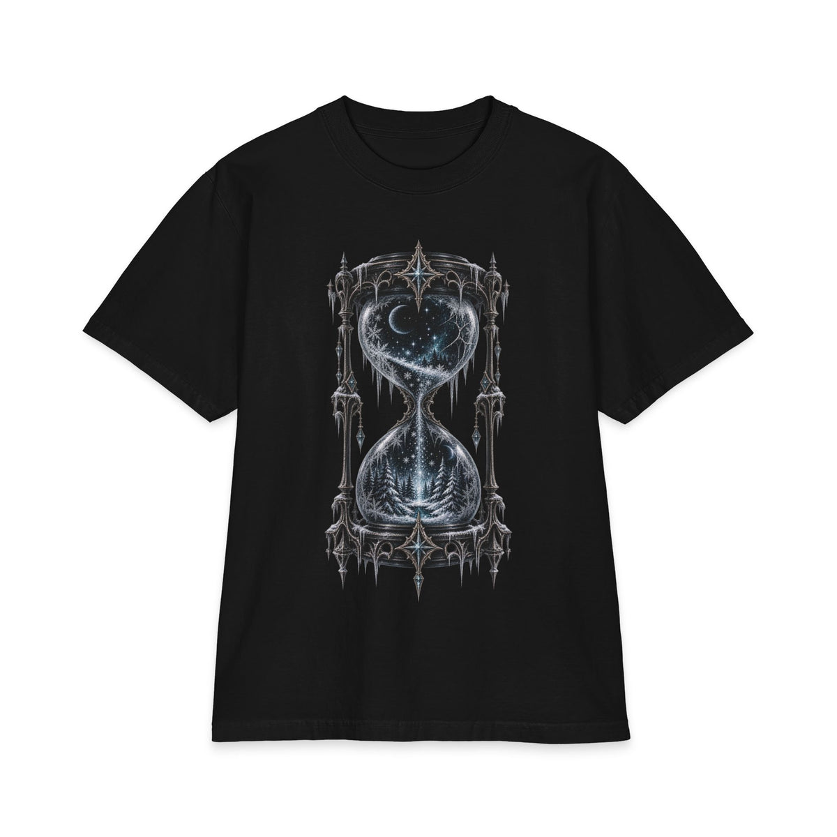 Gothic Hourglass Tee — Celestial Heart & Moonlight Sand Christmas Graphic T-Shirt