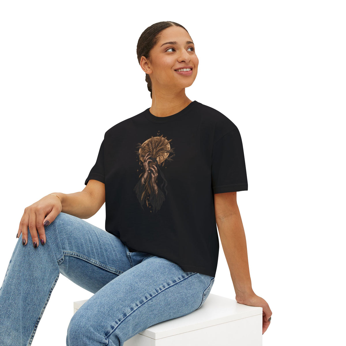 Women's Boxy Tee — Mystical Floral Skull Graphic Shirt