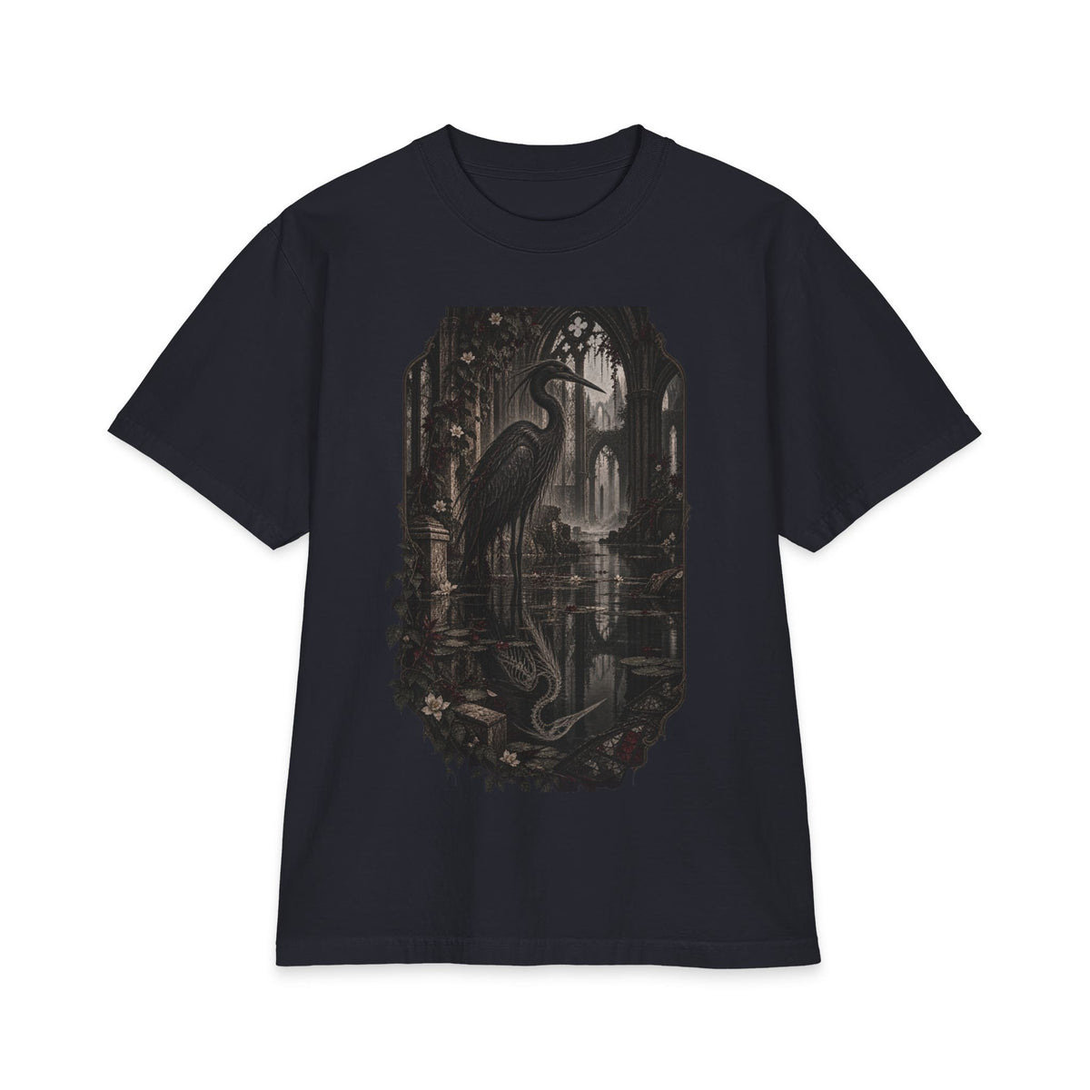 Heron & Ruins Graphic T‑Shirt — Gothic Nature Scene