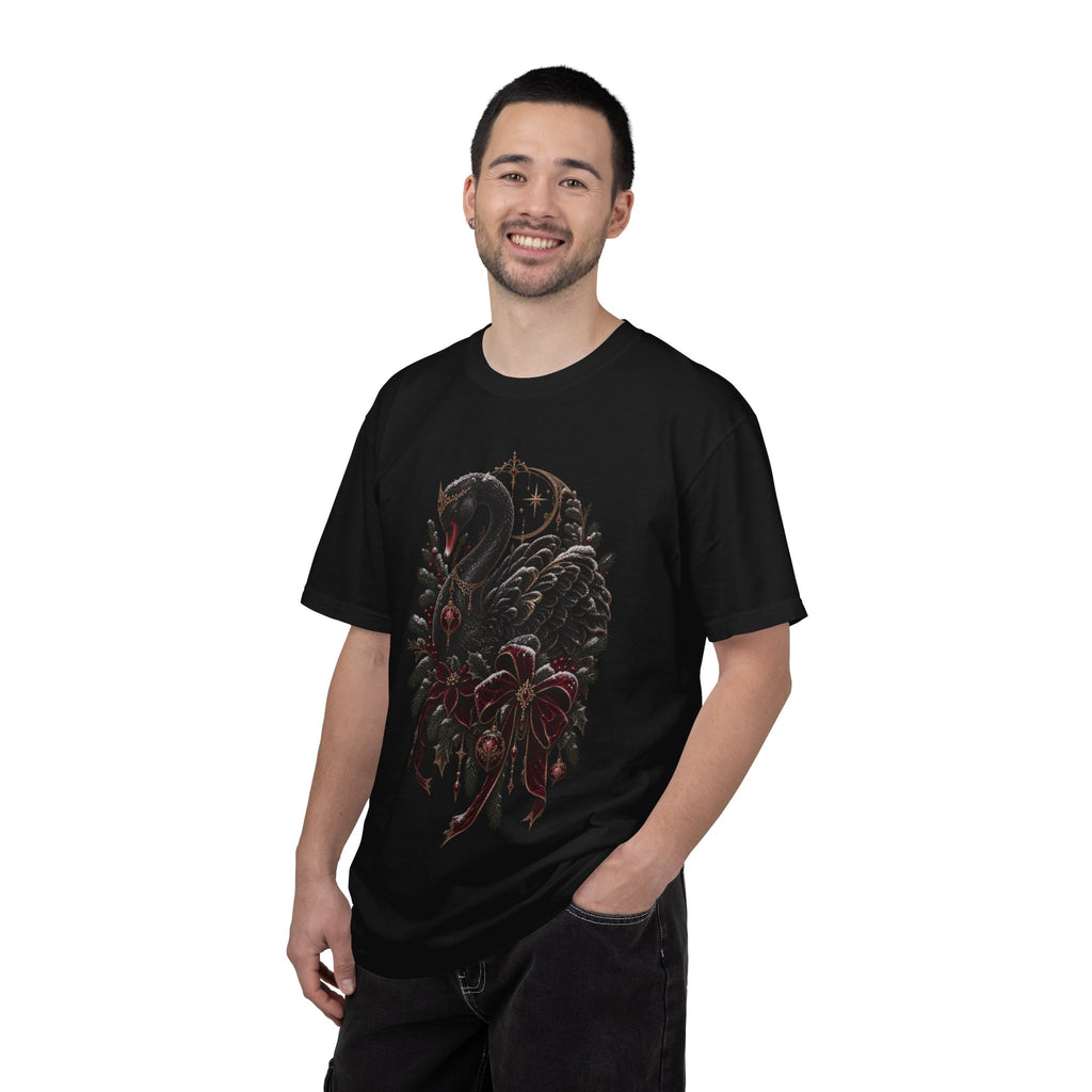 Black Swan Holiday T-Shirt — Gothic Swan with Red Bow & Ornaments