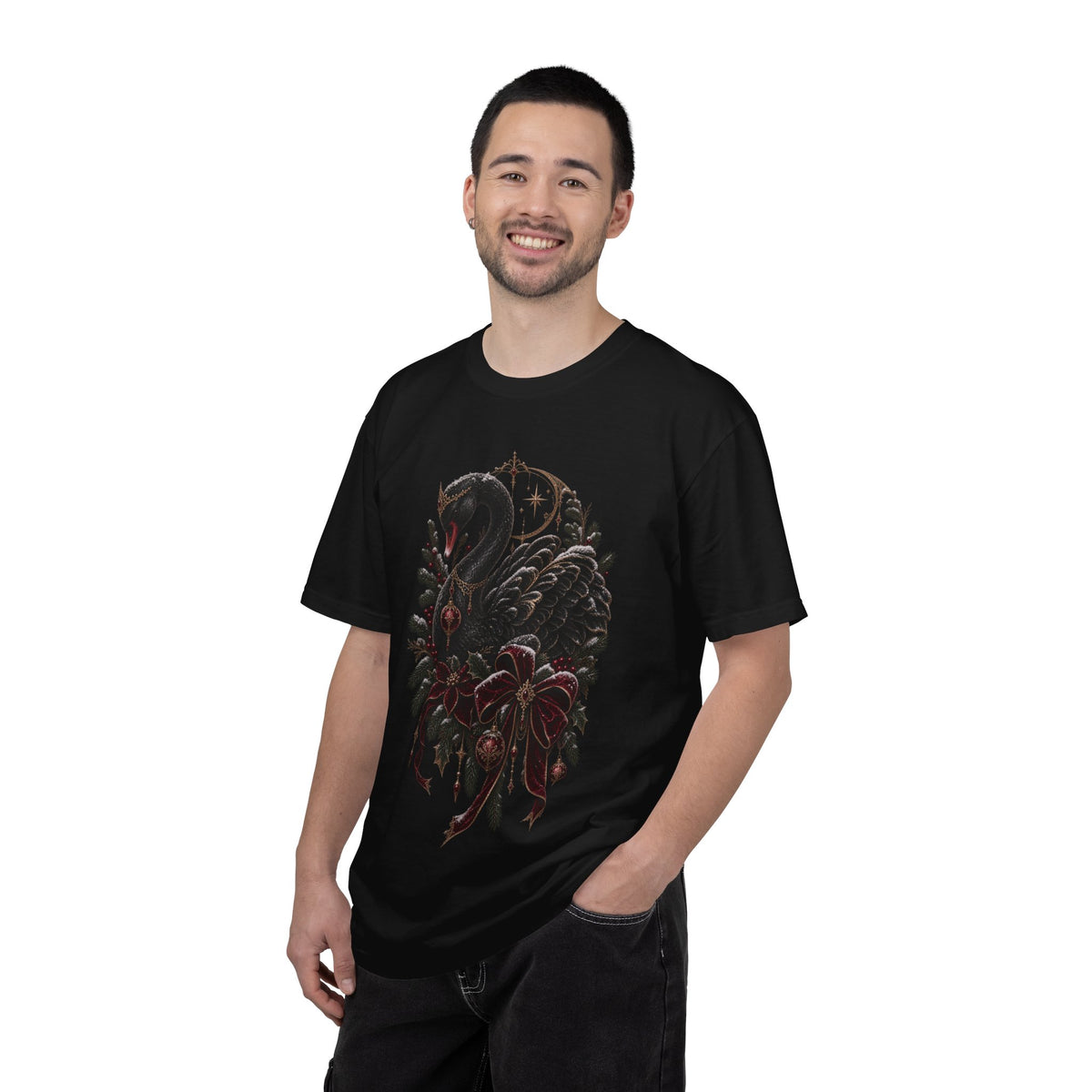 Black Swan Holiday T-Shirt — Gothic Swan with Red Bow & Ornaments