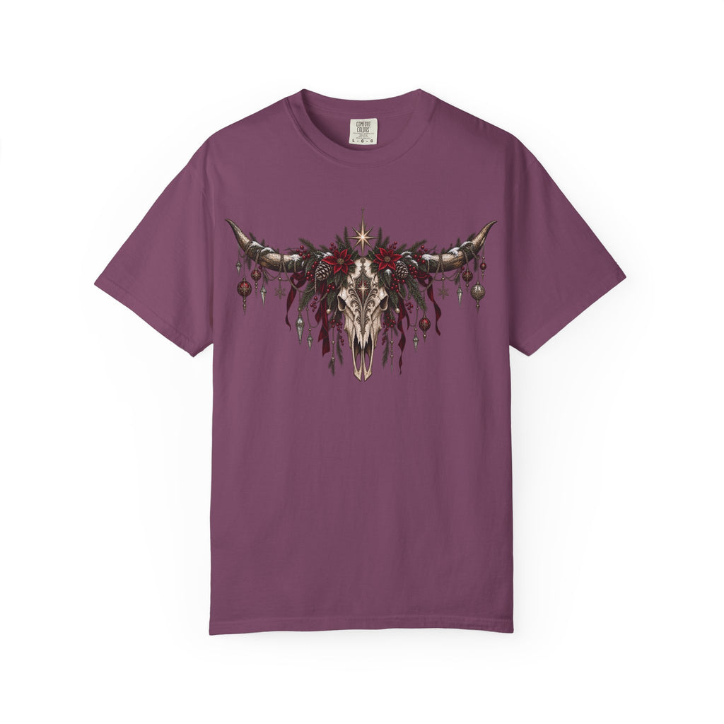 Western Skull Christmas T-Shirt — Boho Longhorn Design