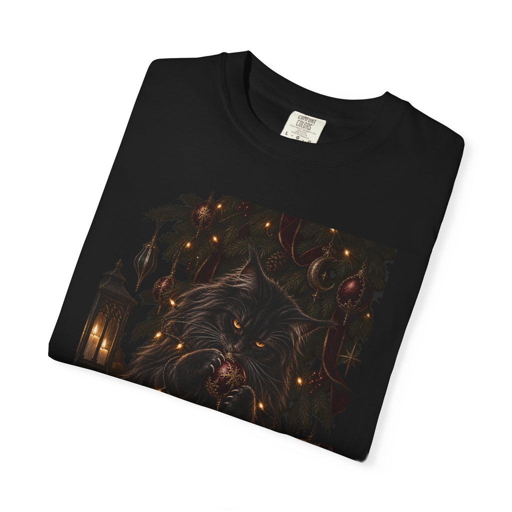 Black Cat Christmas T-Shirt — Gothic Holiday Lights Graphic