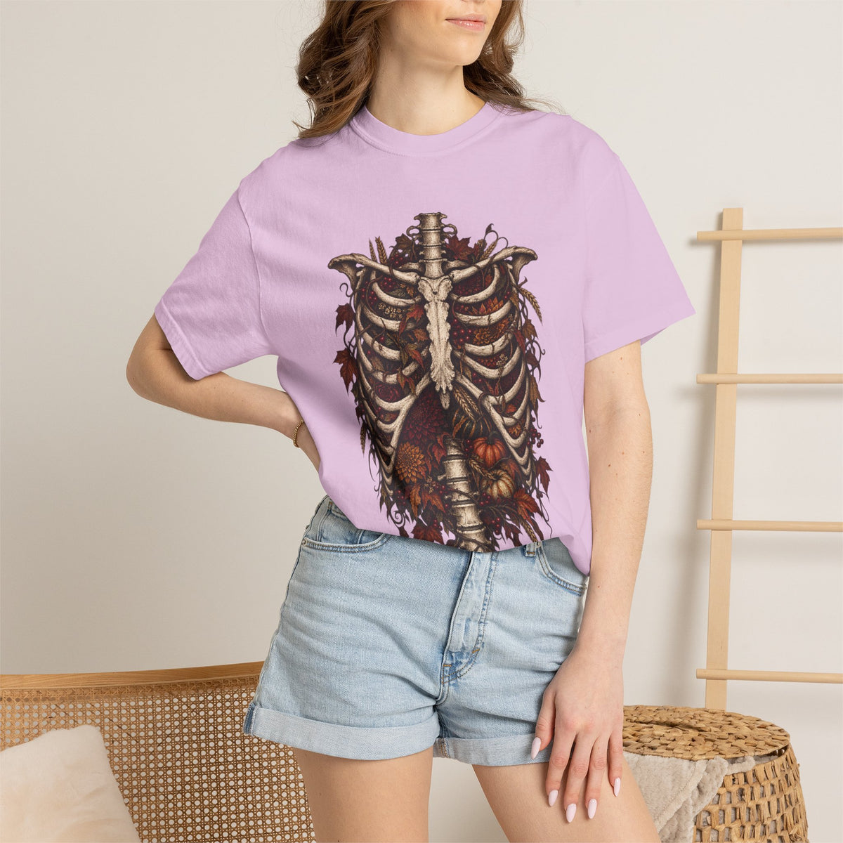 Anatomical Ribcage Tee with Autumn Leaves — Distressed Skeleton Chest Graphic T-Shirt