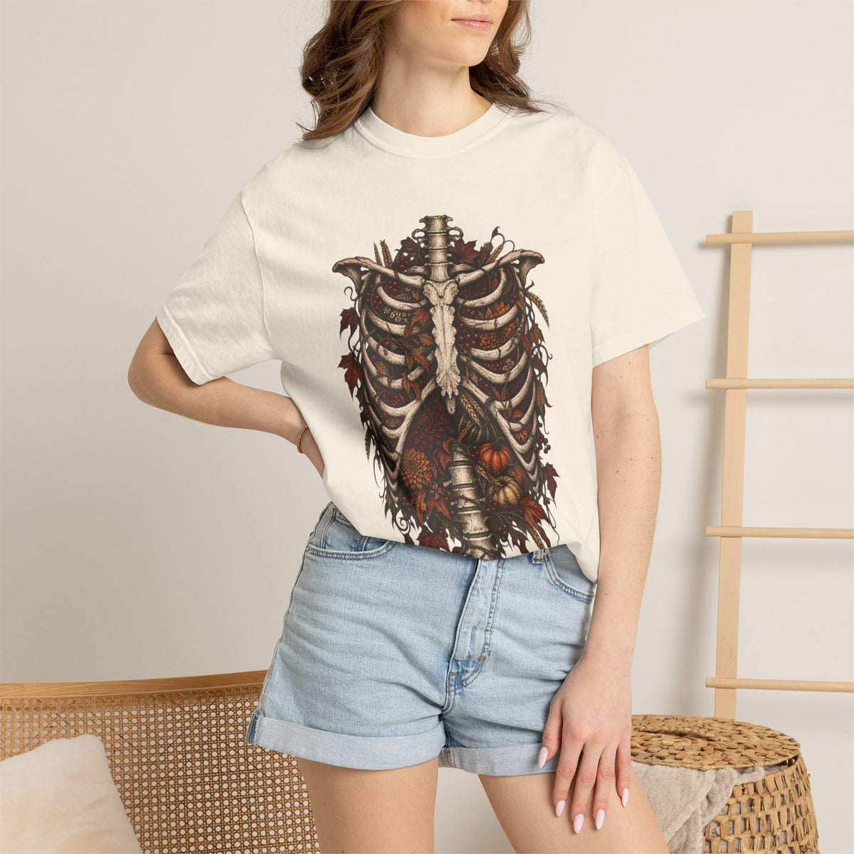 Anatomical Ribcage Tee with Autumn Leaves — Distressed Skeleton Chest Graphic T-Shirt