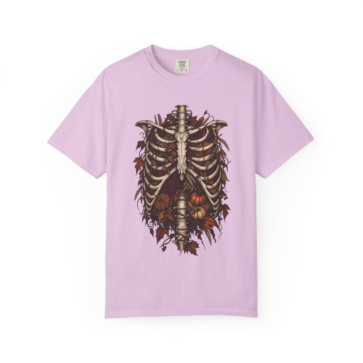 Anatomical Ribcage Tee with Autumn Leaves — Distressed Skeleton Chest Graphic T-Shirt