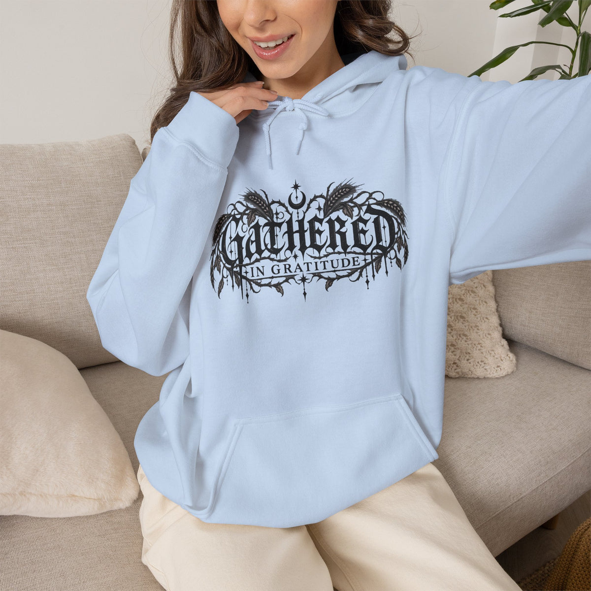 Gathered in Gratitude Hoodie — Gothic Winged Script Pullover